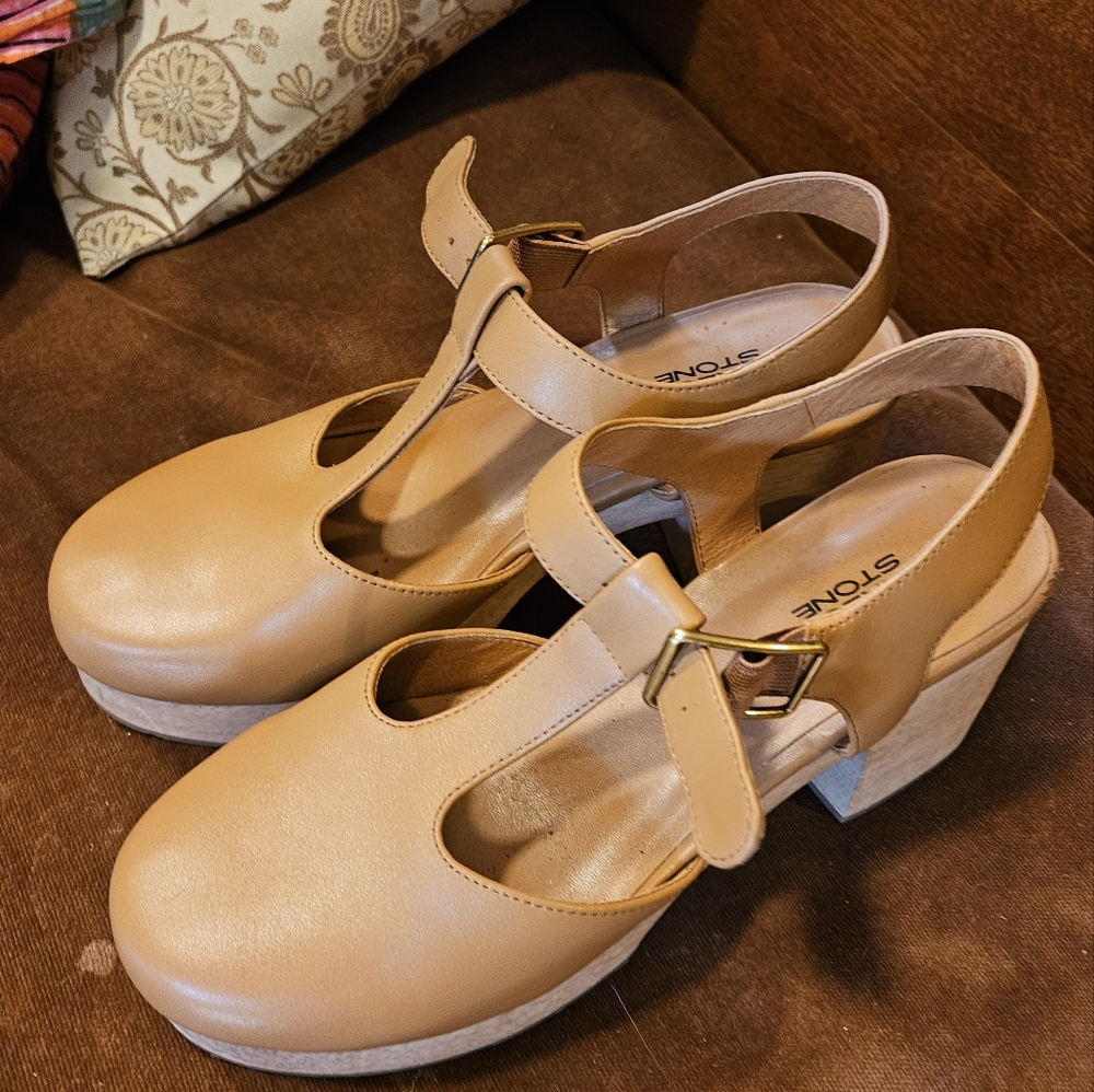 Charlotte Stone Tan Platform T-Strap Heels
